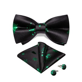 DiBanGu Mens Christmas Pre-tied Bowtie Festive Pattern Bowtie Pocket Square Cufflinks Set Xmas Holiday Bow tie with Gift Box, Black and Green