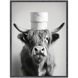 AtterrirArt Highland Cow Bathroom Framed Wall Art, Black And White Farmhouse Canvas Print, Funny Animal Bathroom Wall Decor, Toilet Paper Toilet Wall Decor, Ready To Hang, 12 * 16 Inch