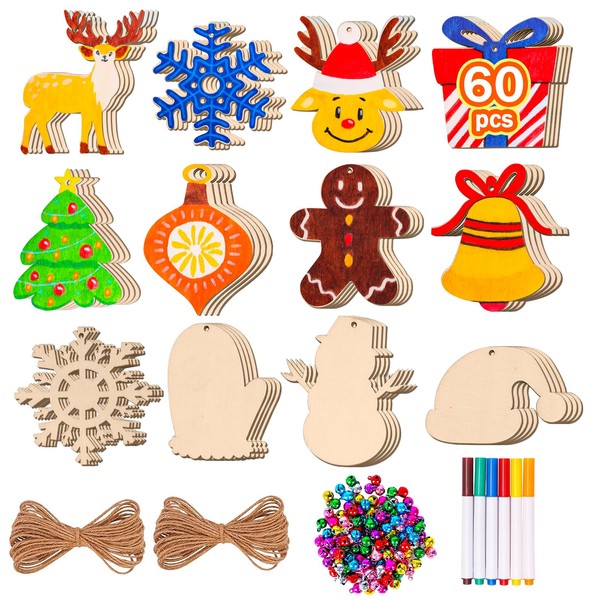 Max Fun 60Pcs Christmas Wooden Ornaments Unfinished Predrilled Wood Slices Circles for Crafts Xmas Holiday Hanging Decoration in 12 Shapes