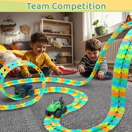 TXIONG BJIA Dinosaur Race Track Set,Suction Cup Car Track,2 Racing Car with LED Light-UP,Flexible Changeable Magic Race Car Track Toys,Birthday Toys Gift Christmas for Children 3-15 Years Old(291PCS)