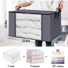 2 Pack 85L Clothes Storage Bag, Foldable Storage Bins for Clothes, Blankets, Fabric Wardrobe Closet Organizers with Reinforced Handle, Sturdy Zipper, Moving Bags With Clear Window, Grey (2, 85L)