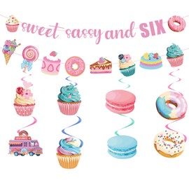 6th Birthday Decorations Girl Donut - 10 Pcs Pink Doughnut Birthday Decoration Including Sweet Sassy And Six Banner Icecream Hanging Swirls for Doughnut Candy Kids 6 Years Old Party Supplies