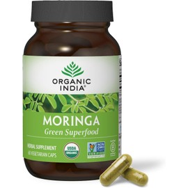 ORGANIC INDIA Moringa Capsules Organic - Moringa Supplement - Green Superfood, Moringa Leaf Capsules, Pure Supergreen, Vegan Greens, Nature's Multivitamin, Vegan, Gluten-Free - 60 Capsules