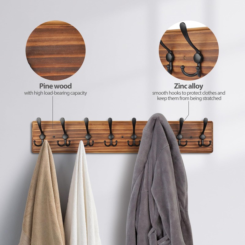 PHINGEER Coat Rack Wall Mount, Wooden Heavy Duty Coat Rack