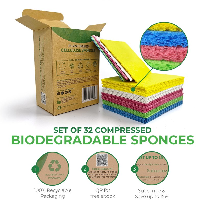 AIRNEX Biodegradable Compressed Cellulose Sponges - Pack of 32 Pop