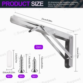 Swpeet 2 Pack 10" Folding Shelf Bracket, Heavy Duty DIY Wall Mounted Shelf Bracket Max Load 220lb, Stainless Steel Decorative L Bracket Kit Contains 16/19MM Screw, Anchors for Table Work Bench, Silver