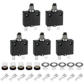 sourcing map 5PCS 20A Thermal Circuit Breakers, 125/250V AC,32/50V DC Manual Reset Push Button Overload Protector Circuit Breaker with Waterproof Button Caps Quick Connector Terminals, L-MC