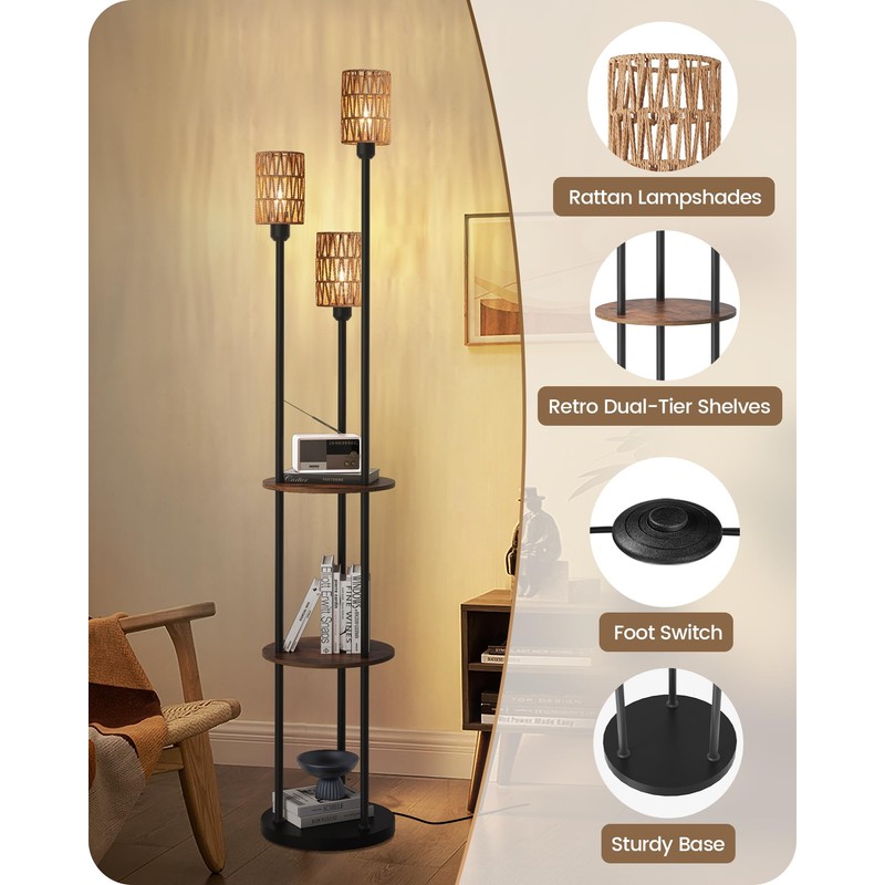 GOEBLESON Floor Lamp with Shelves, Boho Floor Lamp with Foot