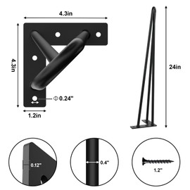 SPACEEUP 24" Hairpin Table Legs, 4PCS Coffee Desk Legs with Rubber Floor Protectors, 880lbs Load Capacity, Heavy Duty Black Metal Furniture Legs 3 Rods for DIY Bench Desk Dining End Table Chairs