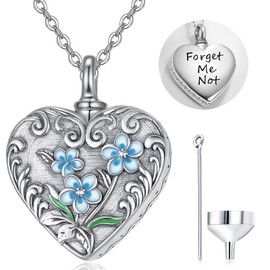 TANGPOET Urnenketten für Asche, Urne Mensch Herz Asche Halskette zum befüllen für Damen Frauen, Silber 925 Vergissmeinnicht Blumen Kremation Keepsake Schmuck Geschenke