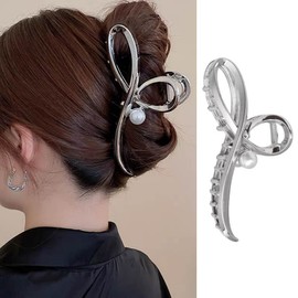 Large Bowknot Pearls Hair Clips for Women 5.6 Bow Hair Accessories - Metal Sliver Jaw Clamp for Long Thick Hair, Girls Hair Styling, Birthday Gift