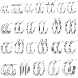 CHICUTIE 24 Pairs Silver Hoop Earrings Set For Women Hypoallergenic Trendy Lightweight Chunky Chain Twisted Huggie Hoops Dangle Earring Packs For Birthday Party Christmas Fashion Jewelry Gift