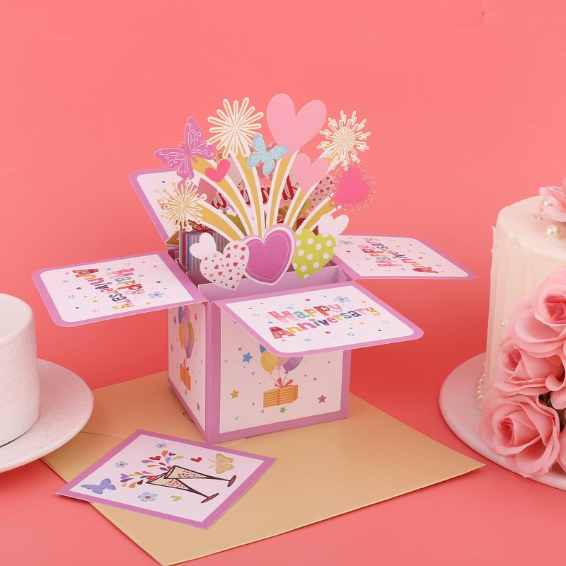 Anniversary Pop Up Card, Colorful Heart Butterfly Fireworks 3D Anniversary