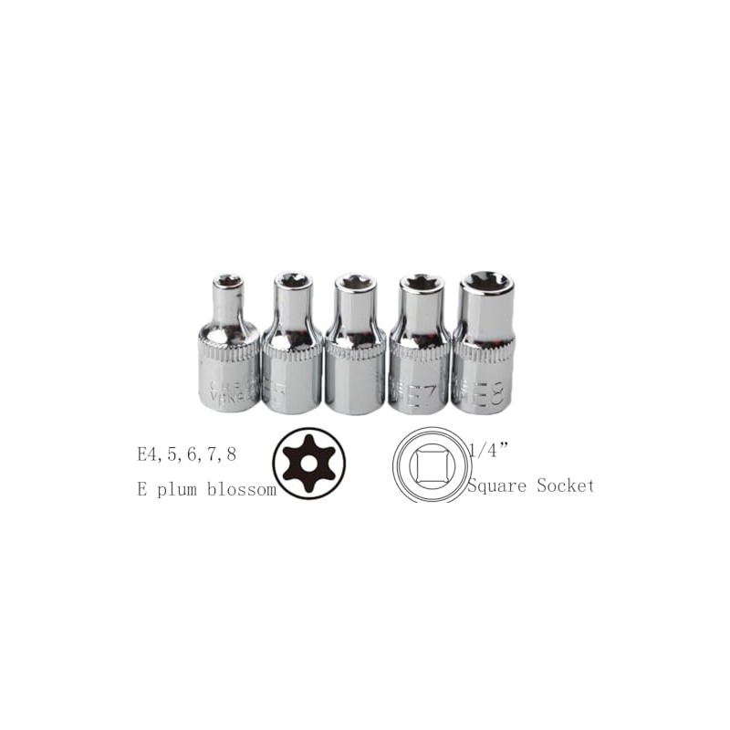 5pcs E-TORX Star Socket Sets CRV-V Steel, 1/4" Square Socket