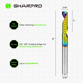 SHARPRO O Flute Upcut Spiral Router Bit 1/4 Inch Shank 1/4 Inch Cutting Dia. Carbide Single Flute CNC Router Bit with Coated, Ideal for Aluminum, Plastic, Acrylic, Wood, MDF and PVC