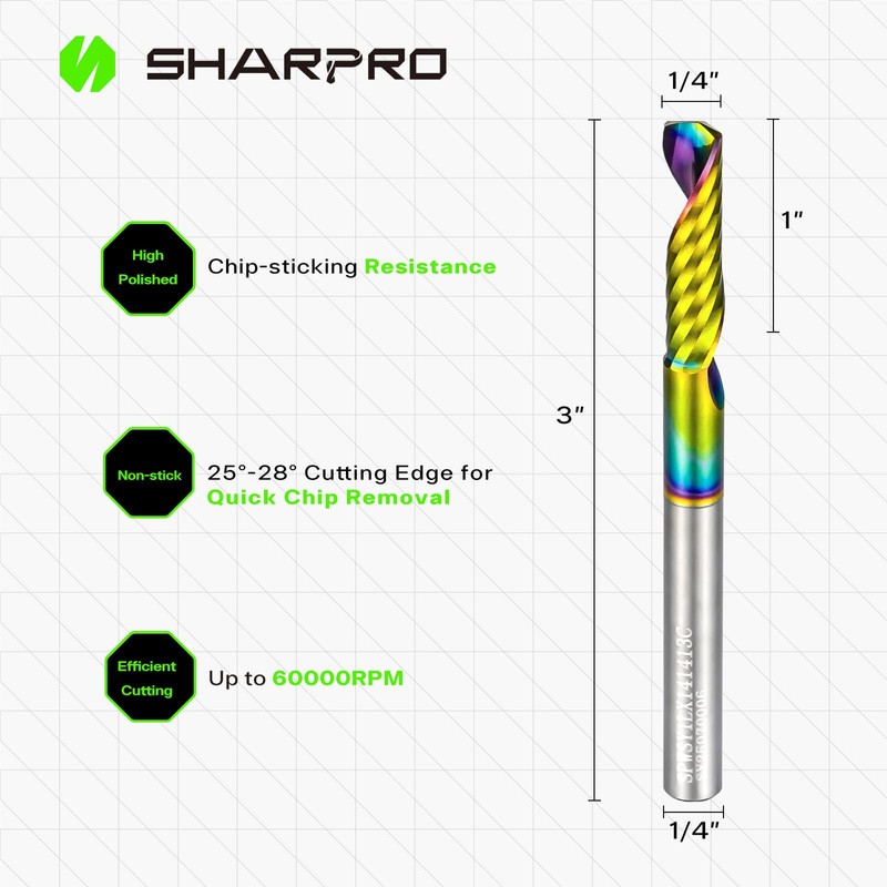 SHARPRO O Flute Upcut Spiral Router Bit 1/4 Inch Shank