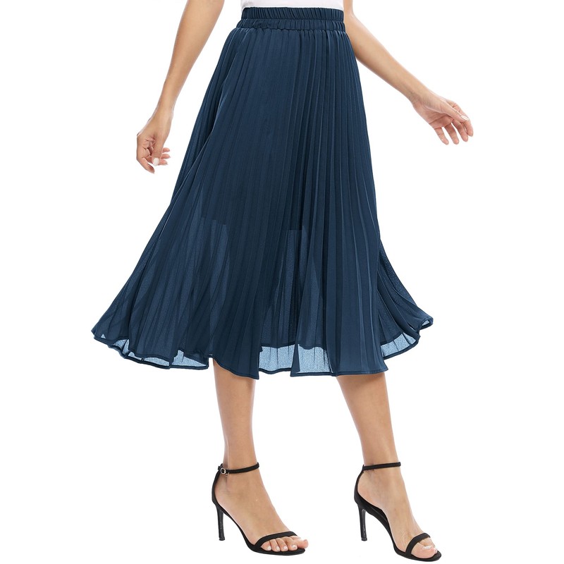 EXCHIC Women's Casual Chiffon Elastic Waist One Line Pleated Midi