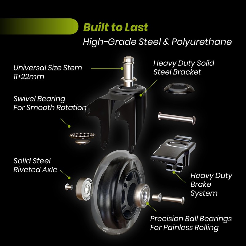 Office Chair Wheel Replacement with Brake - 3″ Heavy Duty