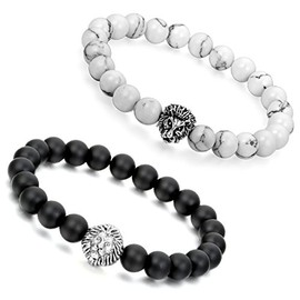 Aron Cent 2pcs 8 mm/Lion Head Alloy Iestein Armreif Energy Bracelet Link Wrist Black Elastic White Howlite Turquoise Buddha Prayer Mala Ball Pearl Bracelet