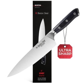 Boston Steel Chef Knife 8 Inch G1.4116 Carbon Stainless Steel Sharp Full Tang Kitchen Knife with Pakka wood Ergonomic Handle Design, Gifts for Men and Women, Kitchen Knives in Premium Gift Box
