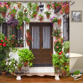 MMHJFANG Old Floral Street Landscape 3D Shower Curtain Garden Scene Rustic Countryside View Outdoor Garden Curtain Sunshine European Scenery Waterproof Bath Curtain with 12 Hooks (2, 180x180cm)