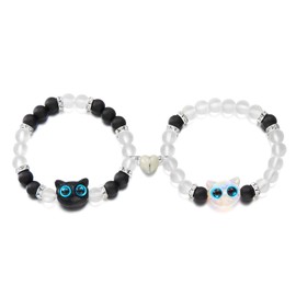 2Pcs Couple Friendship Bracelets Cute Cartoon Cat Animal Heart Matching Bracelets Butterfly Moon Matching Bracelets Vintage Crucifix Bracelet Colorful Beaded Elastic Bracelet for Women Men Best Friends Trendy Jewelry (blue cat)