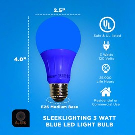 Sleeklighting Blue LED Light Bulb, A19 E26 Base Lightbulb -120 Volt - 3-Watt Energy Saving - Medium Base - UL-Listed LED Bulb - Lasts More Than 20,000 Hours