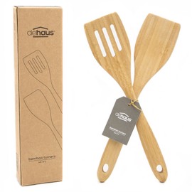 Dehaus® Premium Bamboo Fish Slice & Turner - Set of 2 - Luxury Wooden Kitchen Utensils - Slotted Turner & Flipper Utensil Accessories - Wood Cooking Tools for Non Stick Pan or Wok - Mini Starter Sets