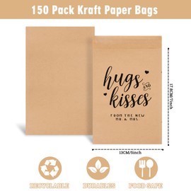 AnyDesign 150Pcs Wedding Favor Candy Buffet Bags Self-Adhesive Wedding Treat Bags Rustic Brown Kraft Paper Cookie Snack Bag Hugs & Kisses Wedding Party Favor Bags for Gifts, 5 x 7 Inch