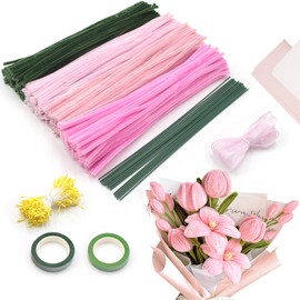 JINYJIA Pfeifenreiniger Blumen Set, 400 Stück Pfeifenputzer zum Basteln, DIY Basteln Blumenstrauß, mit 360 Stück Staubgefäße, Blumendraht, Schleifenband, Rosa Serie