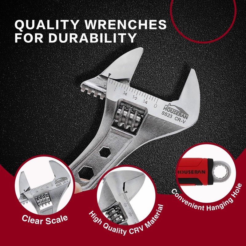 HOUSERAN 3-piece Adjustable Wrench Set, 6, 8, 10 Inch, Wide