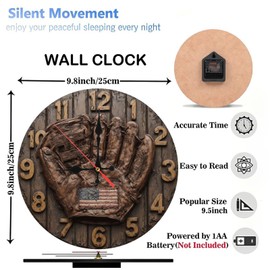 Lancholy 10-Inch Silent Wooden Wall Clock, Vintage Baseball Glove Wall Clock American Flag Decor Silent Non-Ticking Clock, Battery Operated (AA Batteries Not Included), Artistic Home Decor