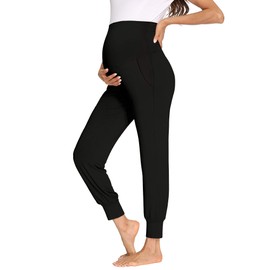fitglam Women's Maternity Pants Over Belly Lounge Pajamas Clothes Pregnancy Must Haves Joggers with Pockets Black
