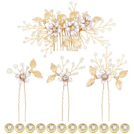 inSowni 16 Pieces Gold Metal Wedding Bridal Rhinestone Hair Side Combs+U-shaped Crystal Hair Pins Clips+Twist Spiral Rhinestone Hairpins Headpieces for Braids Braidesmaids Women Girls (16PCS S2)