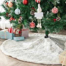 White Christmas Tree Skirt with Snowflake Design Plush Luxury Faux Fur Tree Mat with Silver Embroidered Sequin Print, 90cm Snowflake Base Cover Xmas Tree Base Cover, Holiday Party Home Decoration