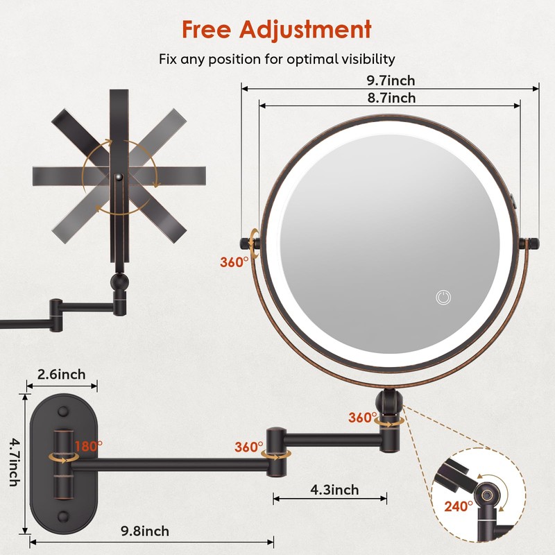9" Wall Mounted Lighted Makeup Mirror,4000mAh Rechargeable Double Sided 1X/10X