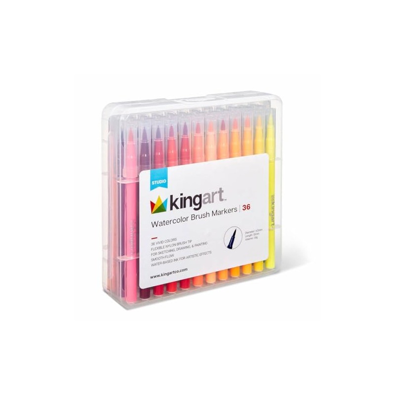 KINGART Watercolor Brush Markers, 36 Piece, Multicolor, 410-36