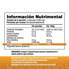 Fenogreco Puro 1500mg por porción (3 Cápsulas) | 200 Cápsulas | 100% Natural | S&V | Sin Excipientes, Sin Gluten, Sin OMG