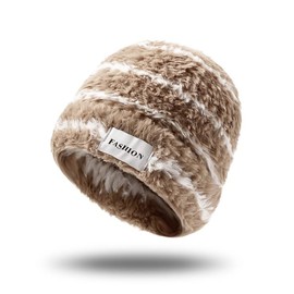 Knuffnee Women's Winter Slouchy Beanie Hat Warm Plush Winter Hat Soft Fluffy Knitted Hat, khaki-white stripes