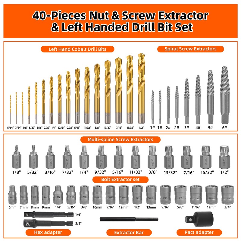 UYECOVE 56Pcs Spiral Screw Extractor Set, Left Hand Drill Bit
