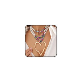 Chunky Layered Turquoise Pearls Heart Necklace for Women, Exaggerated Long Pearls Love Choker Multi Layering Statement Necklace Trendy Jewelry Gifts (Gold)