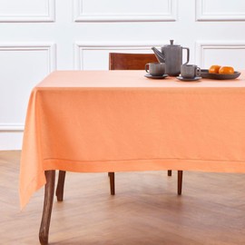 Solino Home Linen Tablecloth for Rectangle Tables 60 x 90 Inch - Classic Hemstitch 100% Pure Linen Coral Table Cloth - Machine Washable Cloth Tablecloth for Summer