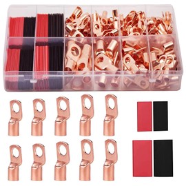 100 Pcs Copper Wire Lugs Set，50 Pcs Wire Lugs，50 Pcs Heat Shrink Tubing，AWG 6 8 10 12 with Heat Shrink Tubing and Ring Terminals for Wires