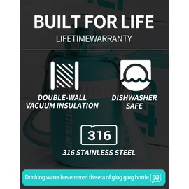 Glug Glug Insulated Stainless Steel Water Bottle for Sports and Travel, BPA-Free,Bottled joy with strap (black, 32 oz)