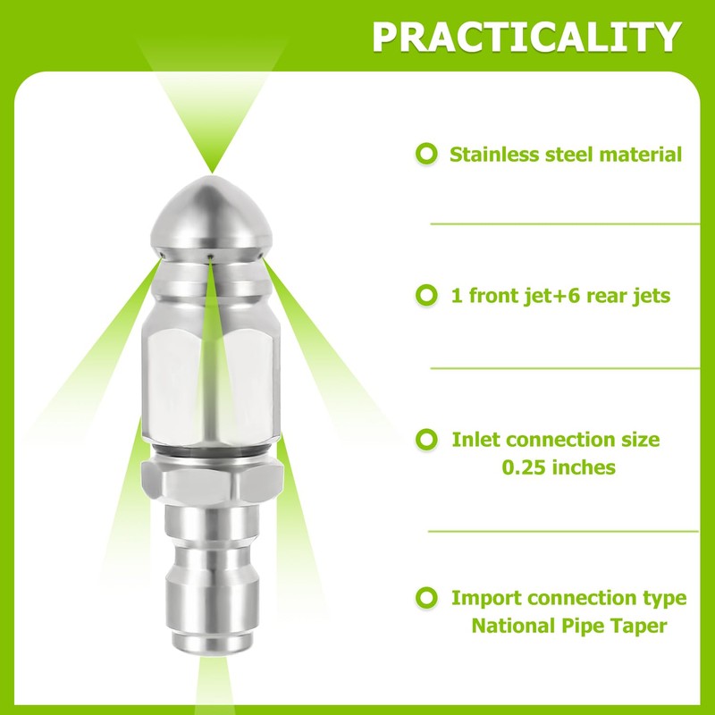 EPLZON 5000 PSI Stainless Steel Sewer Jetter Nozzle with 1/4in