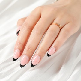 MRSCOL Press on Nails-Black French,32 Pcs French Tip Press on Nails Almond,Press On Nails Short Reusable 16 Sizes - 32 Nail Kit with Glue