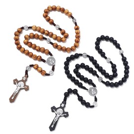 QIBZI Crucifixes Olive Wood Rosary Cross Rosary Necklace, Hand Carved Men Rosary, Religious Women Rosary (Pack of 2)