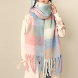 MININAI Chunky Winter Scarfs for Women Cold Weather Warm Knit Thick Plaid Scarf Long Large Oversized Checked Scarves (Pastel)