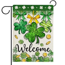 Hzppyz Welcome St. Patrick's Day Garden Flag Double Sided, Shamrock Clover Gold Coins Green Bow Decorative Yard Outdoor Home Small Decor, Irish Spring Holiday Outside Decoration 12 x 18