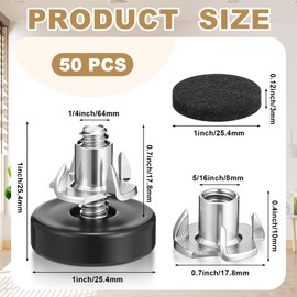 Pinkunn 50 Pieces Adjustable Leveling Feet with T- Nut Kit 1/4”-20 Thread Furniture Levelers Metal Adjustable Feet Heavy Duty Legs Height Adjuster for Table Chair Desk Cabinets Sofa, Black (Smooth)